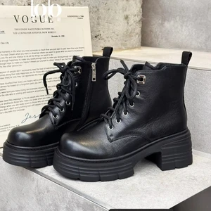 Women's Classic Genuine Leather Ankle Boots Side Zipper Strap Solid Color Height Increasing for Winter Outdoor Fashion Women's