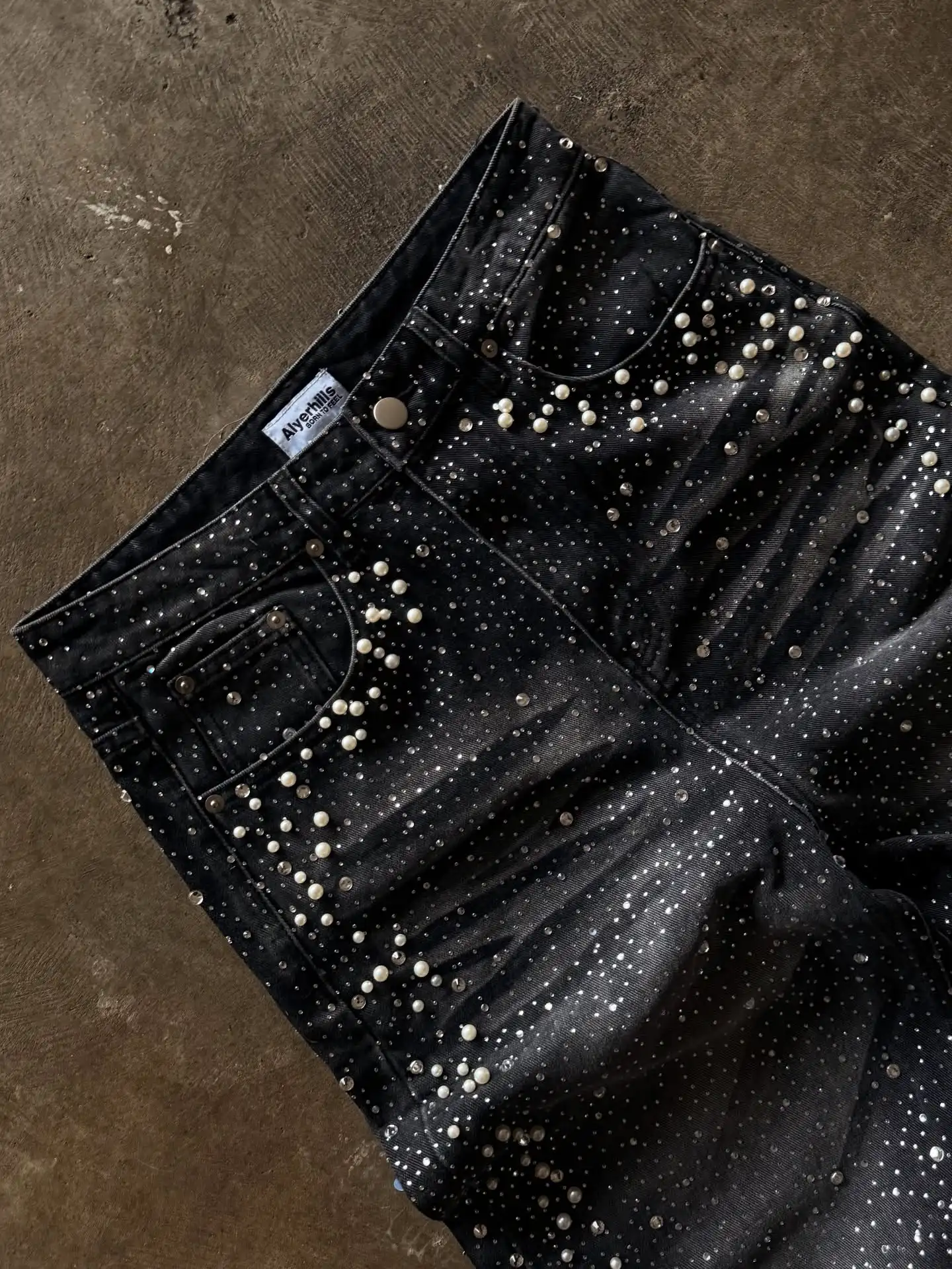 Custom Dark Washed Vintage Denim Pants Embroidery Wide Leg Casual Jeans Rhinestones Pearls Designer Baggy Men's Jeans gallery 4