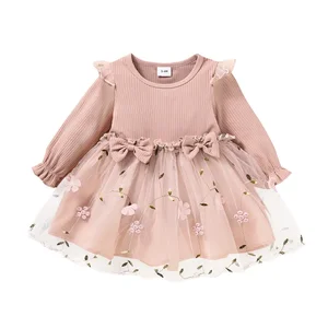Wholesale Customizable Long Sleeve Tulle Dresses for Girls Customized Logo Pink Children's Clothing