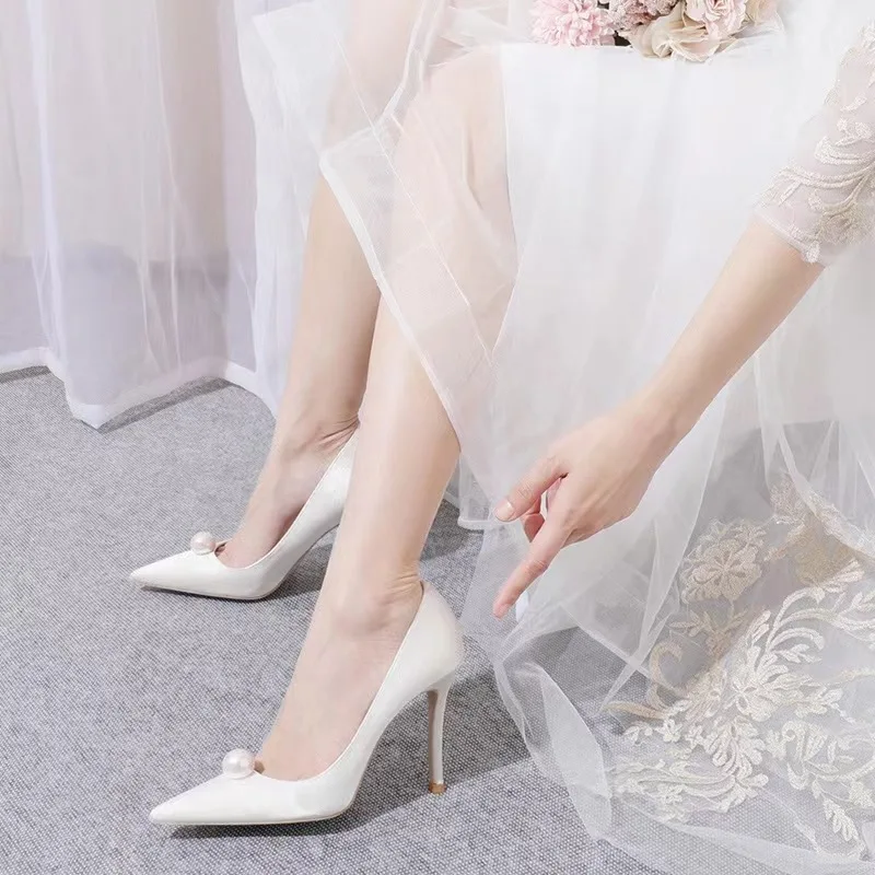 Plus Size Bridal Shoes Pointed Toe White Red Satin High Heeled Slip On Women Pearl Wedding Pumps Shoes Party - Image 2