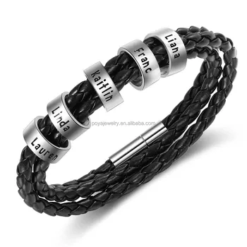 POYA New Customized DIY Family Names Leather Bracelet for Mens Gift Stainless Steel Bracelet
