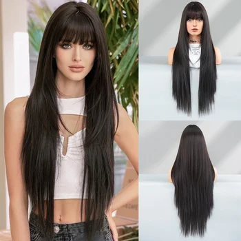 Women's High Quality Super Long Straight Black Full Top Wig Fashionable Face Layered Chemical Fiber Full Head Cover Small Cap