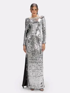 Bettergirl Fashion 2026 Luxury Beaded Glitter Long Sleeve Silver Party Dress Backless Bow Formal Long Women Dress