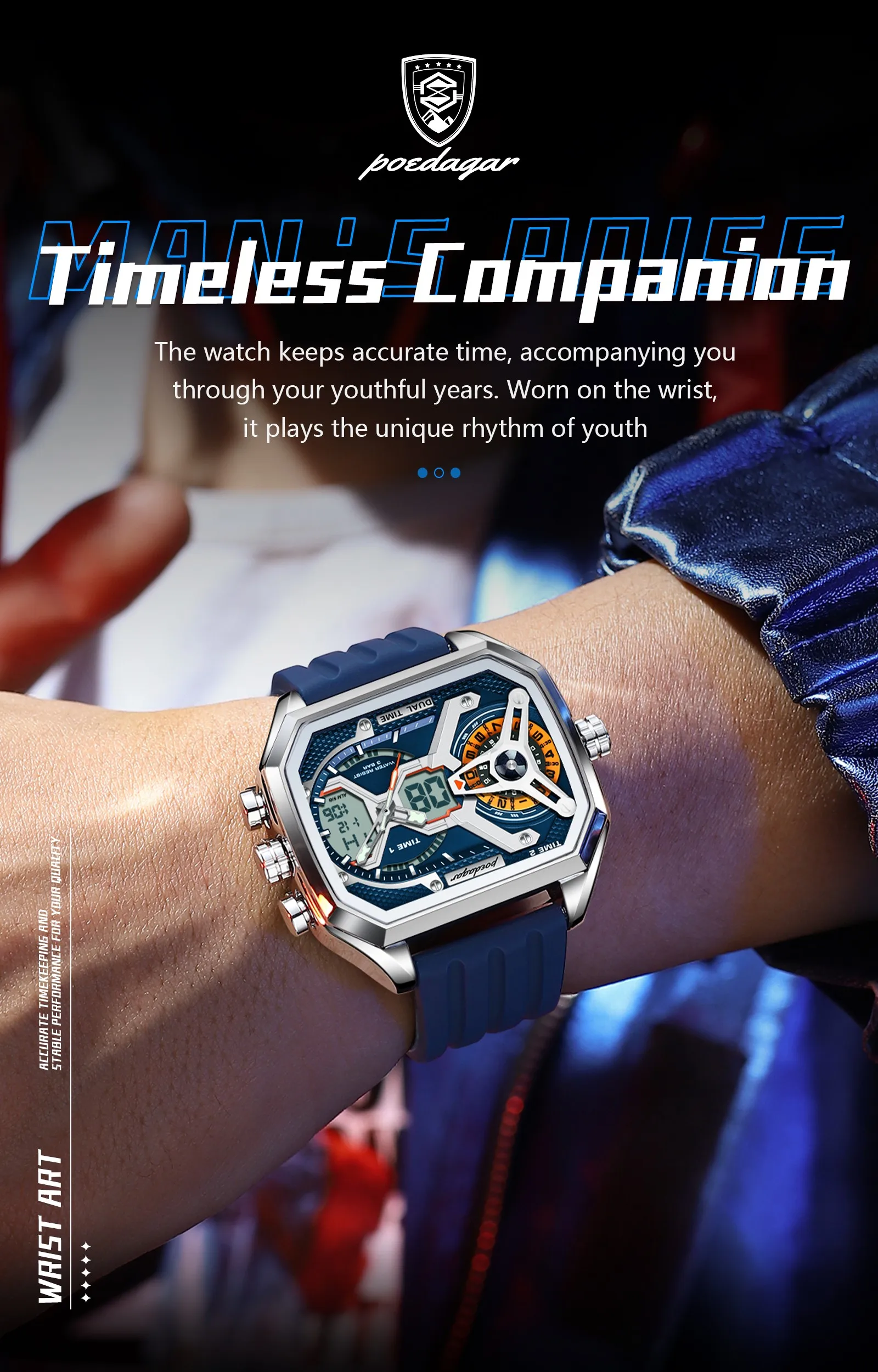 POEDAGAR E106发光时尚商务石英品牌双显示数字防水运动硅胶表带男士手表