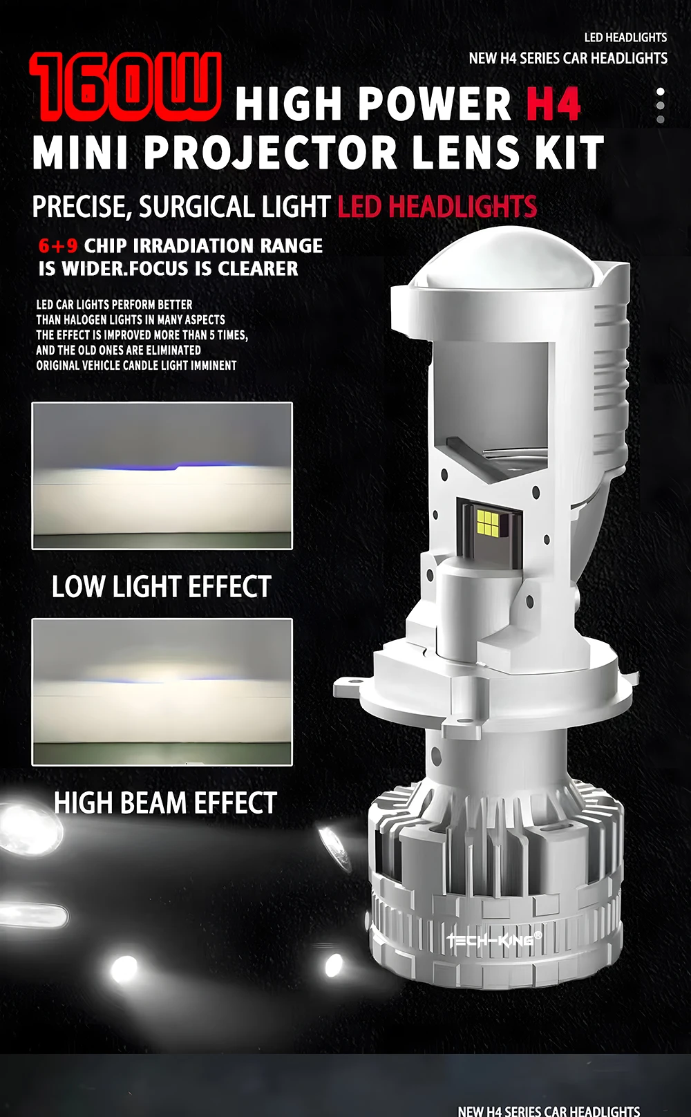 TECH-KING Super Factory Manufacture Bright Car Headlight High Beam Low Beam 160W H4 Mini Bi-led Projector Lens Led Headlight