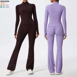 XW-XTTZ7025-2 Women Solid Pattern Outfit Breathable Quick Dry Gym Wear  Full Sleeve Top High Waist Seamed Pant Set Yoga