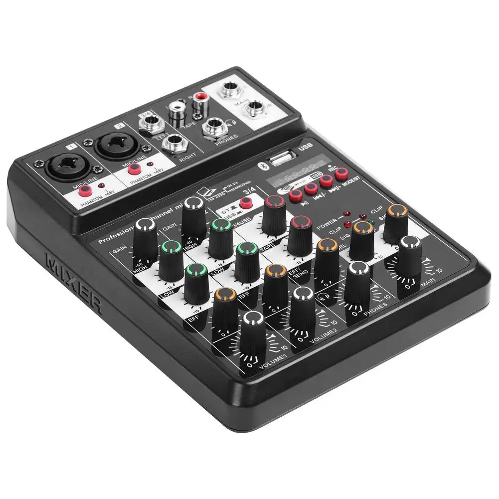 Professional 4-Channel Portable USB Audio Interface Mixer for Bluetooth Sound Mixing Console for Video & Lighting Blue Mobile