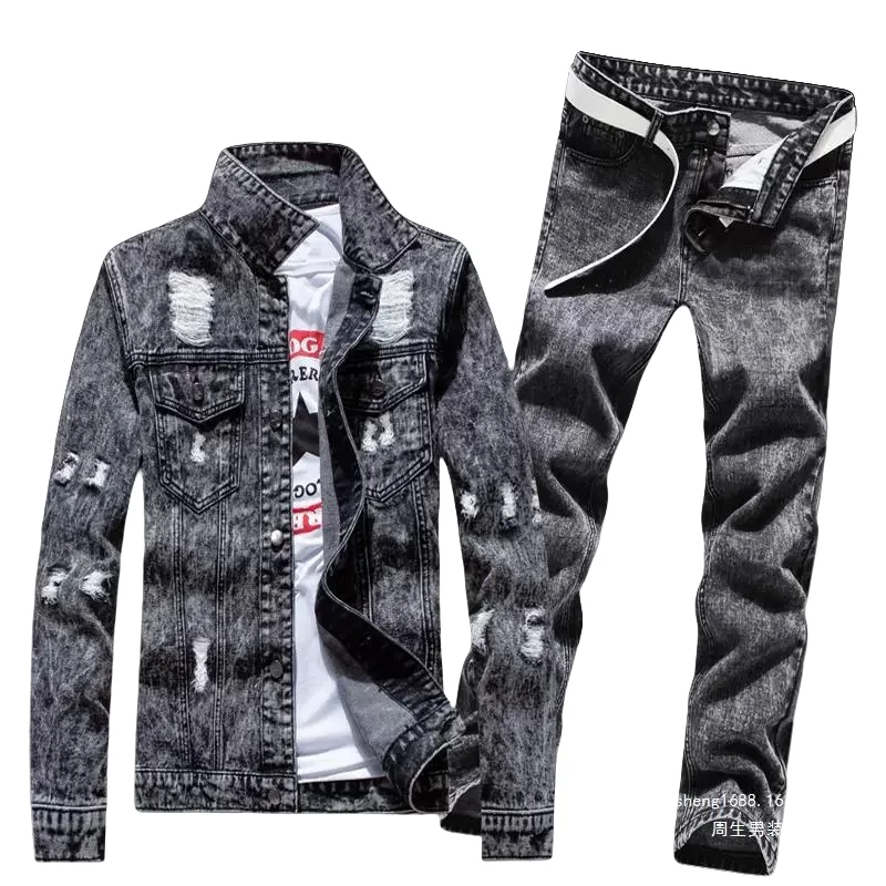 Men's Business Suit Spring and Fall Denim Jacket with Pleated