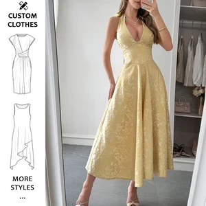 New Arrival Sexy Halter V Neck Sleeveless Body Fitting a Line Pleated Maxi Dress Women Party Dress