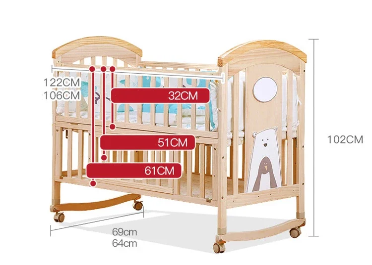 YQ JENMW Solid wood crib Best selling solid pine wooden baby bed design/baby swing cot/baby crib attached adult bed