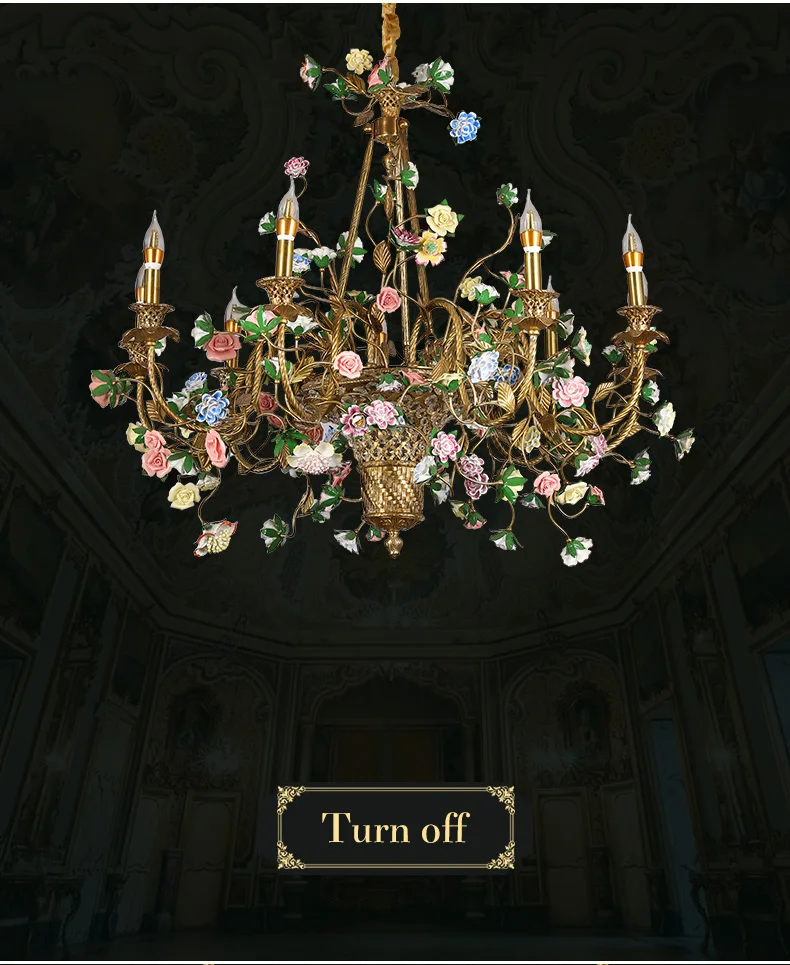 Zhongshan Factory European Style Brass Led Pendant Light With Porcelain Flowers Luxury Chandelier