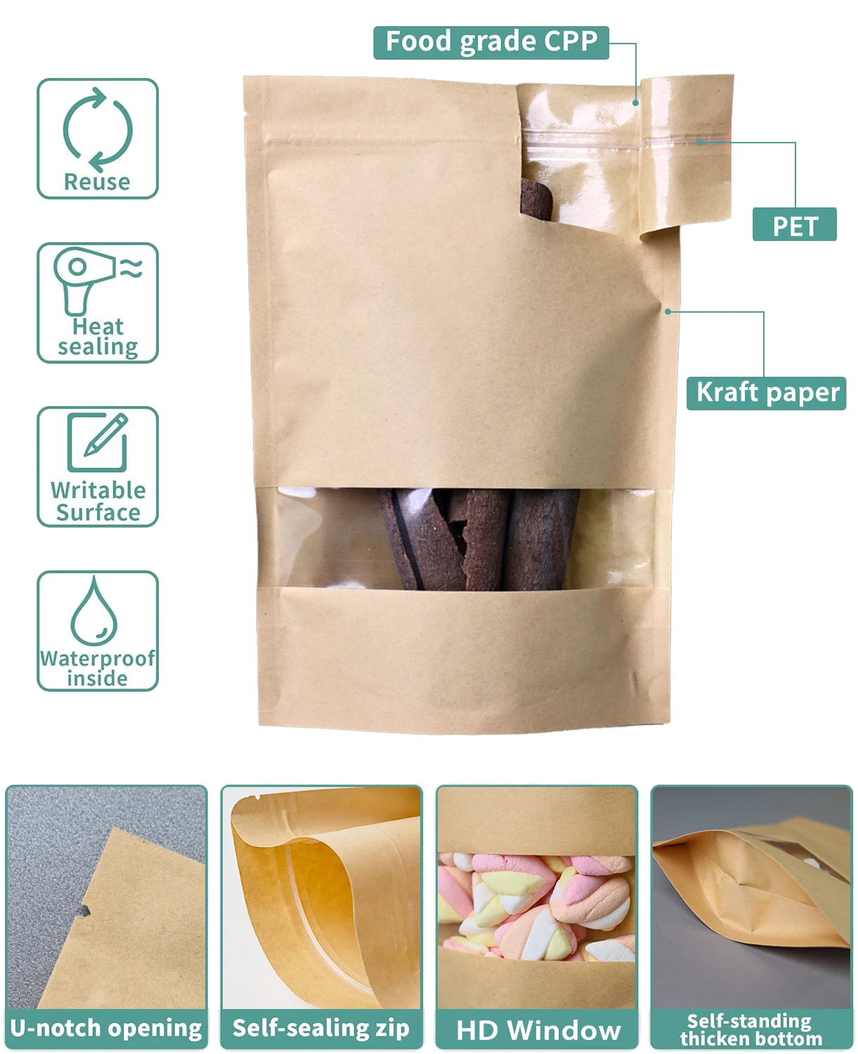 Storage Bags Brown Resealable Bags Eco-Friendly 10*15+3cm Small