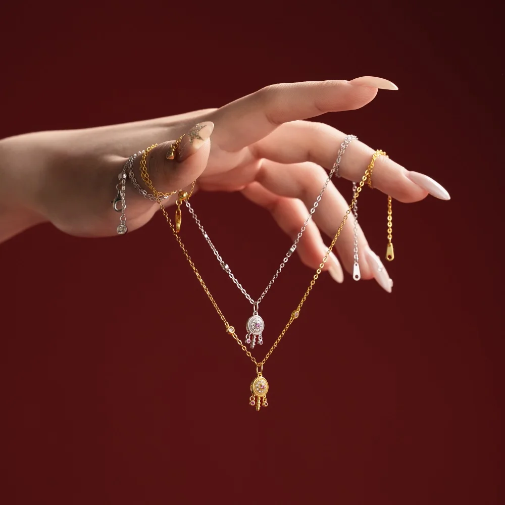 KAKODIY Stylish Unique Rhodium Plated 18K Gold 925 Sterling Silver Link 5A Cubic Zirconia Rattle Pendant Necklace detail 1