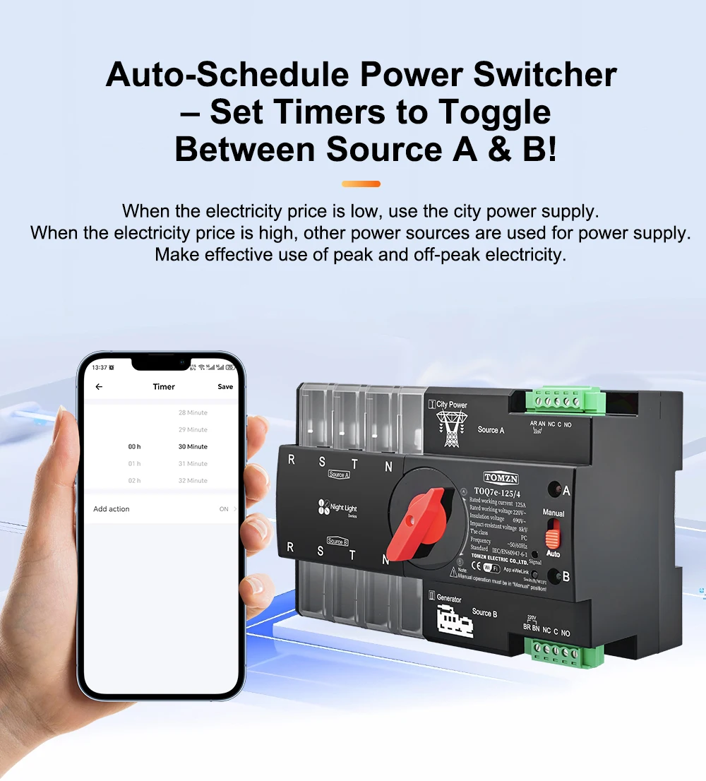 TOMZN Din Rail eWelink WIFI smart ATS timer 230V Dual Power Automatic Transfer Selector Switch Uninterrupted 4P 125A Generator