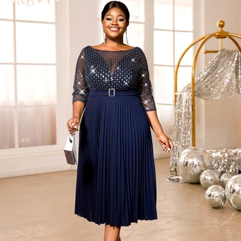 AM050232 Boat Neck Hollow Out Sexy Sparkle Pleated Navy Women Career Dress with Belt