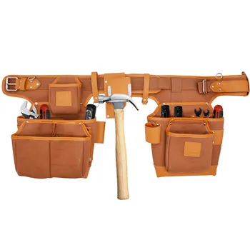 Hand Made Oil Tan Leather Craft Double Tool Bag Pouch Carpenter Bag electrical tool belt with suspenders