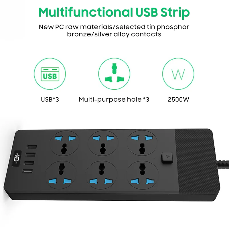 Multi Plug Options Extension Socket 6 Outlets 4 USB Charging Ports Power Extension Cord Sockets