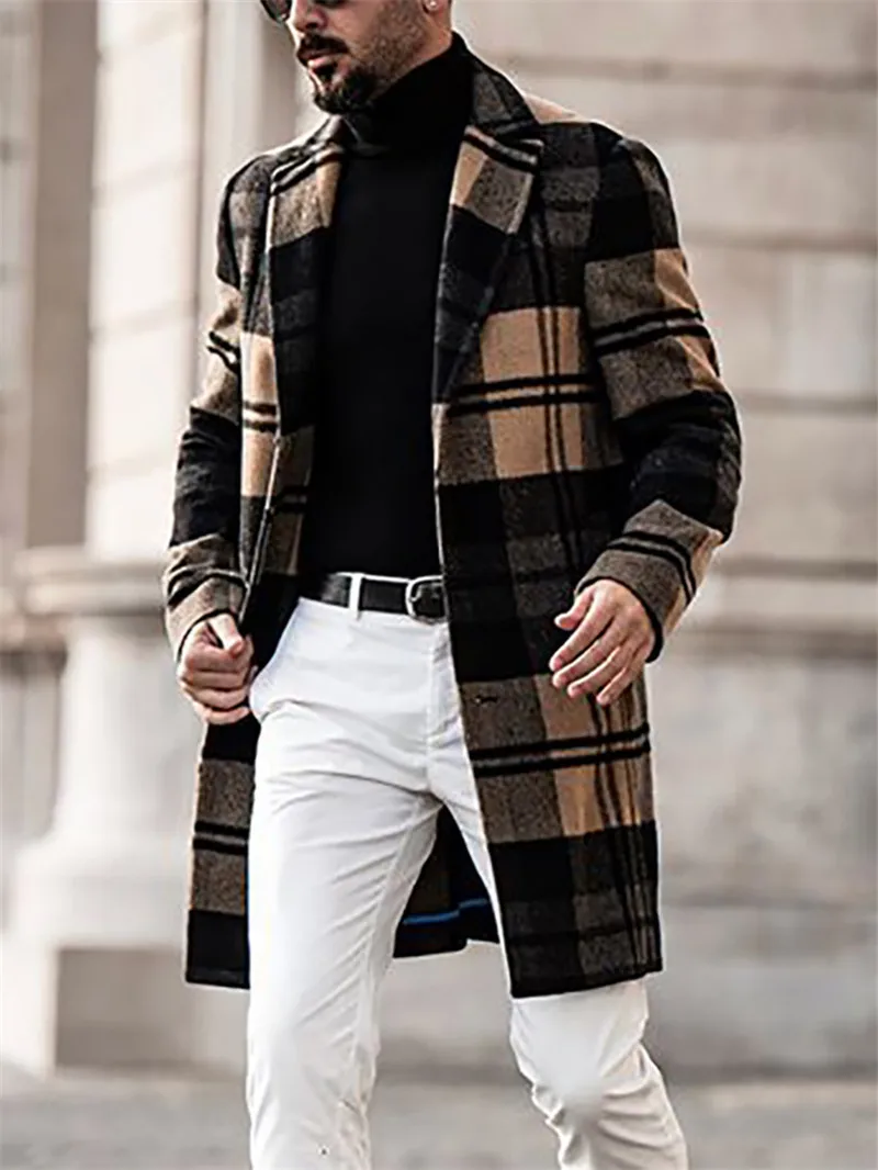 plaid print lapel long outerwear