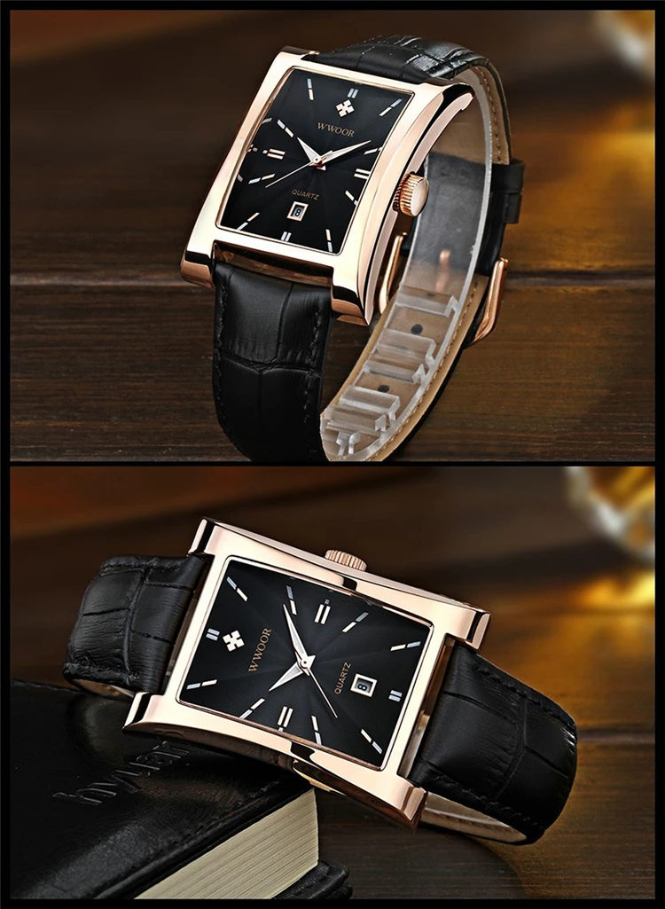 WWOOR 8017 Men's Square Watches Top Brand fashion Leather Strap Quartz Waterproof Date Clock Male Casual Business Wrist Watch