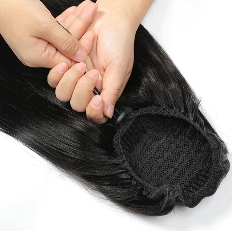 Extensions de queue de cheval droites à clipser en cheveux humains avec cordon de serrage de couleur naturelle pour femmes_voghion.com