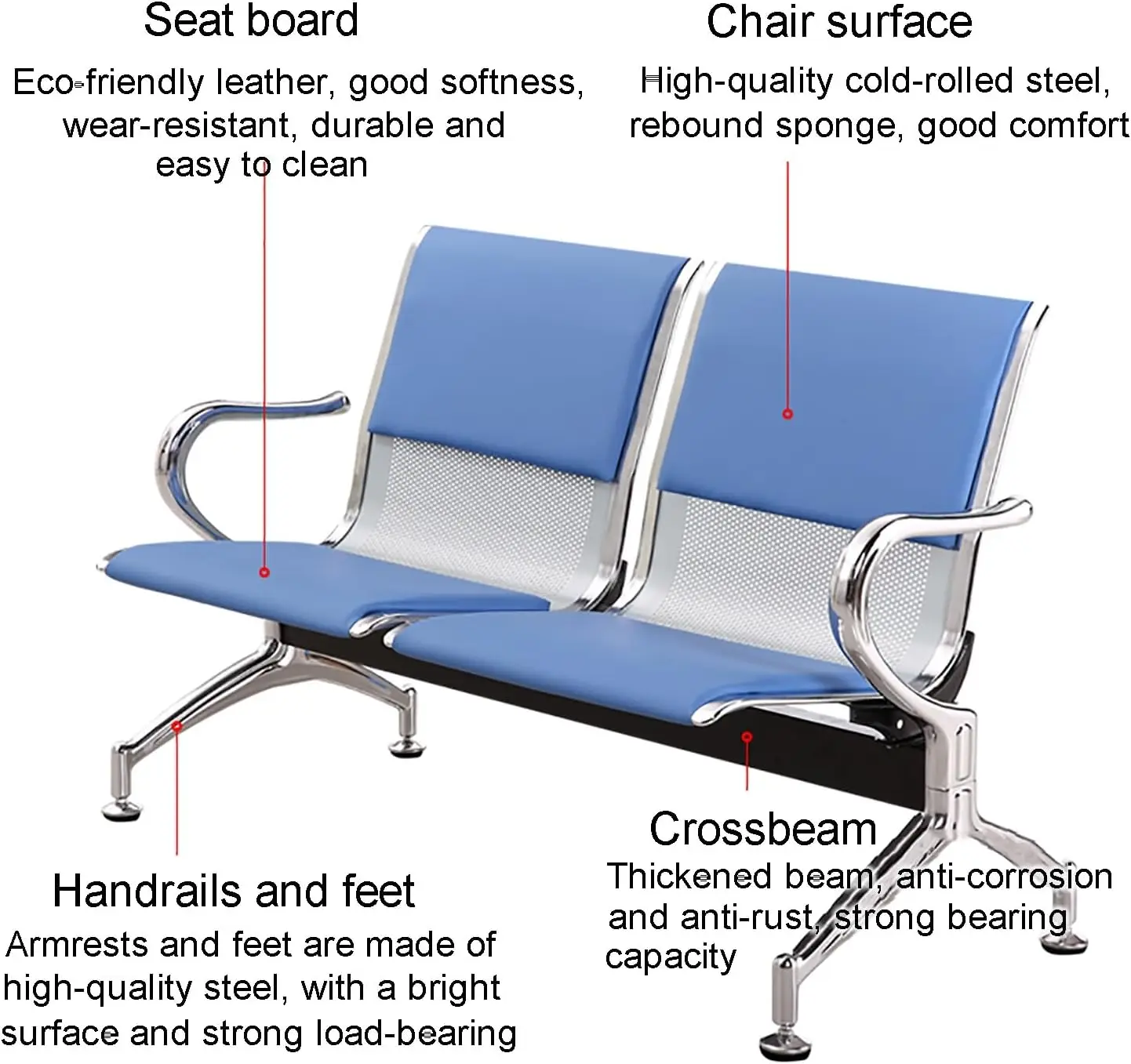 High Quality Customized Modern PU Eco-Friendly Hospital Waiting Chairs 1-Seat 3-Seat 5-Seat Options School Dining Public Office 3