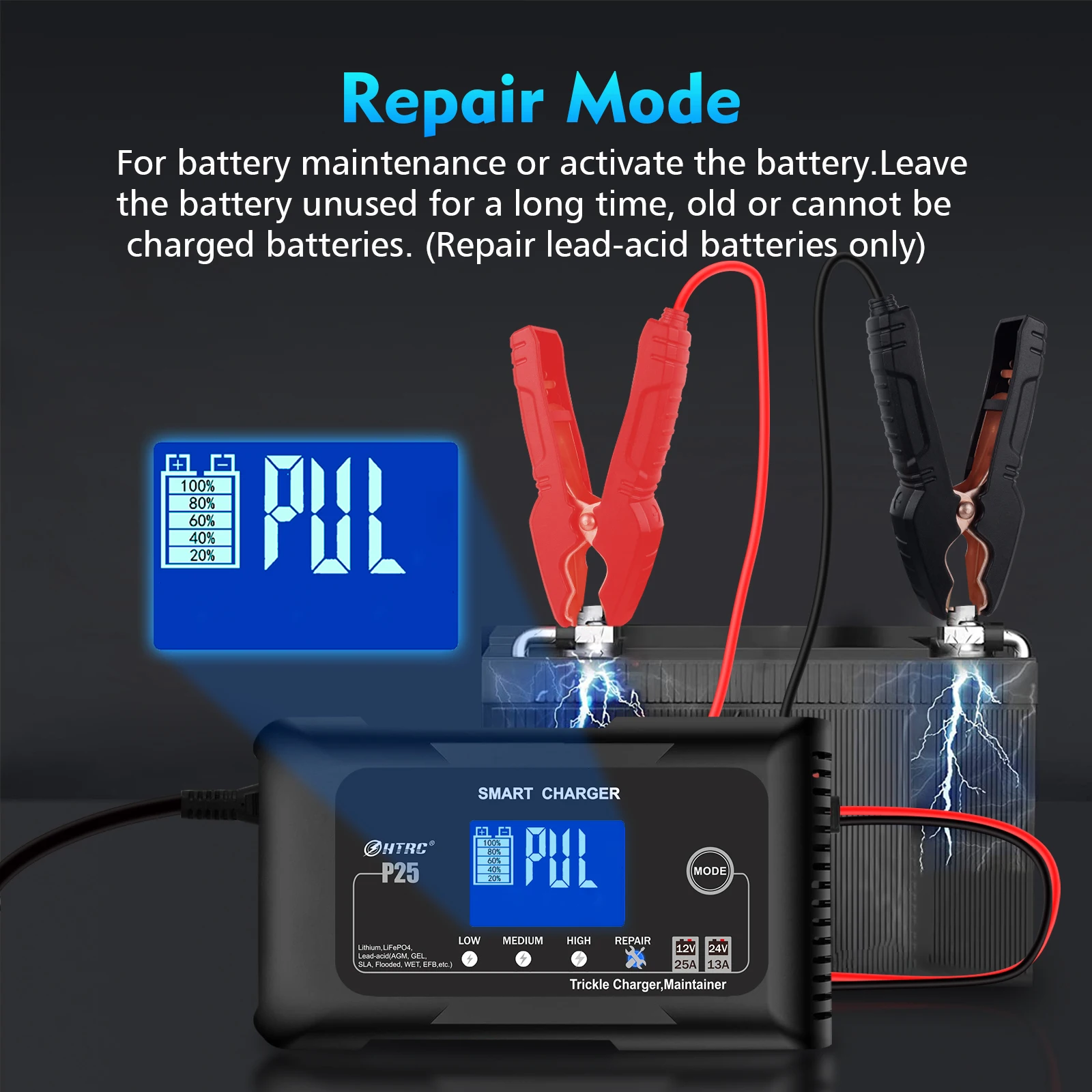 HTRC P25 Smart Battery Charger for Car Motorcycle Battery Repair Auto Moto Lead Acid AGM GEL Lithium LiFePo4 Batteries
