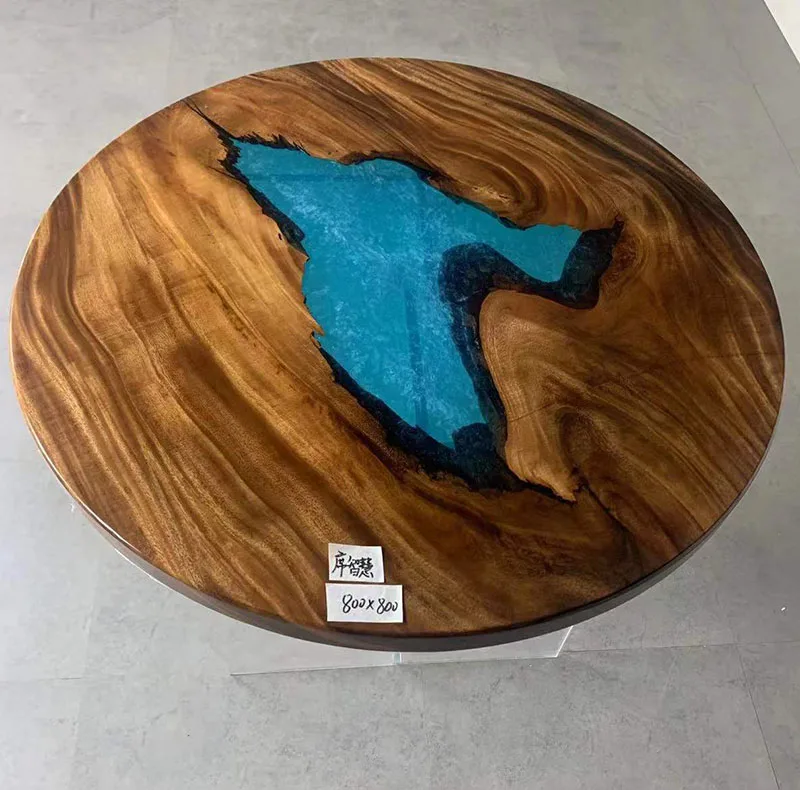 Tavolo in resina epossidica trasparente oceano blu fiume chiaro con Design  speciale di alta qualità in legno di noce con Logo rotondo diretto in