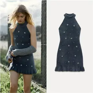 Cross-border Women's Spring Bodycon Sweet Sweater Knitted Rhinestone Natural Waist Mini Collar Sleeveless Halter Lace-Up Dress