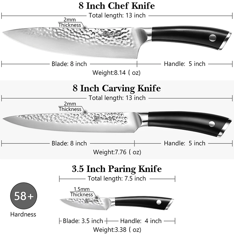 Whole Sale 3pc Custom Knives Chef Utility Paring Knife Hammered