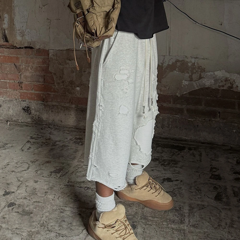 Summer Custom Men's Oversized Knee Length Raw Hem Ripped Distressed Baggy Jogger Sweat Shorts Man gallery 3