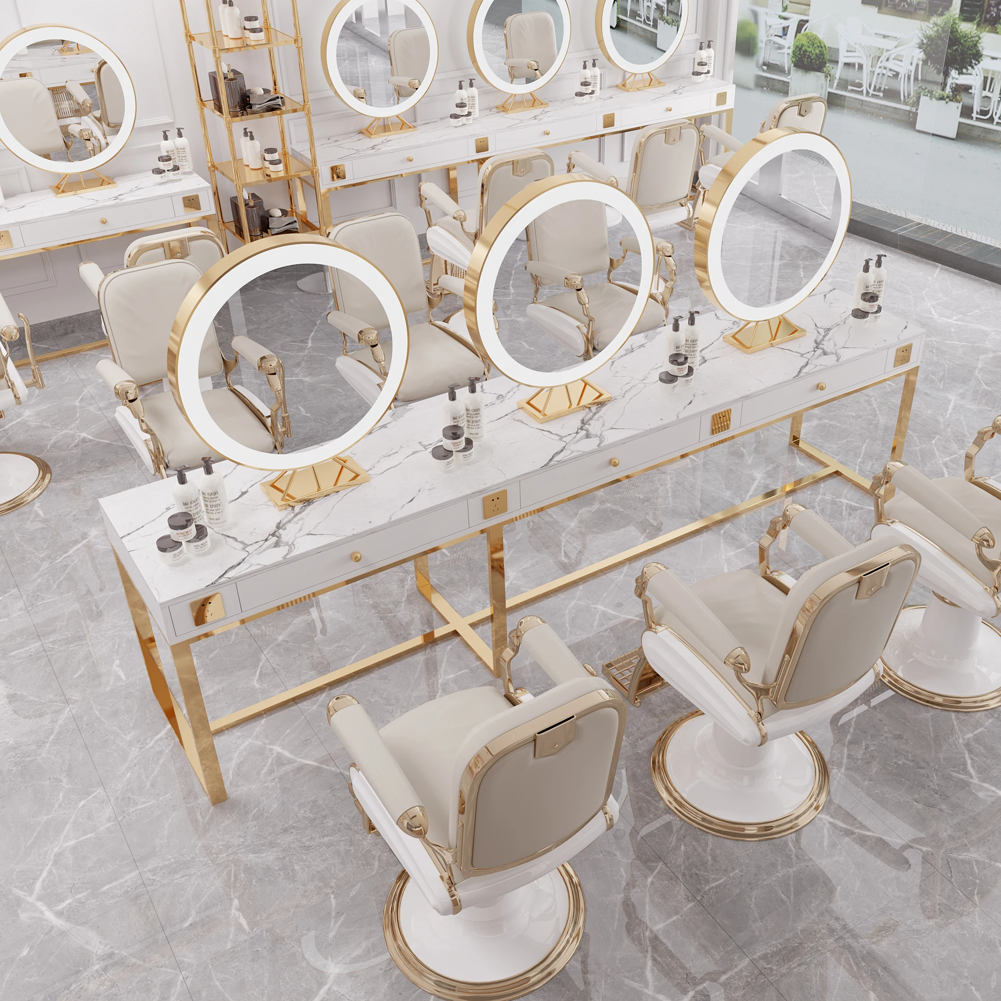 Ins Style Mirror Led Light Modern Cabinet Hair Beauty Salon Furniture Barber Station