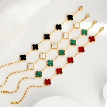 Multi Colors Trendy 18K Gold Plated Four Leaves Clover Diamond Charm Bracelet Bangle for Women and Girls Jewelry