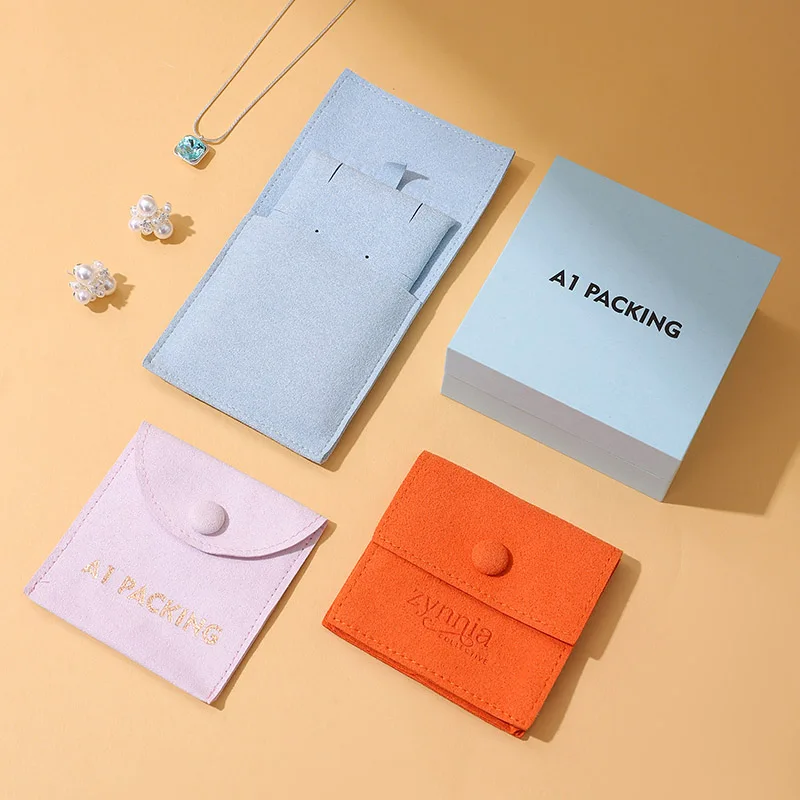Luxury Square Flip-Top Jewelry Gift Box Set with Orange Microfiber Pouch Custom Logo Packaging for Rings and Earrings