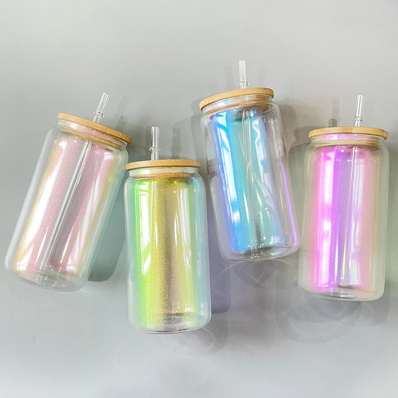 20oz Sublimation Iridescent Glass Beer Can Transparent Fruit Juice Beer Glasses Cups for DIY Printing rainbow Beer Glasses