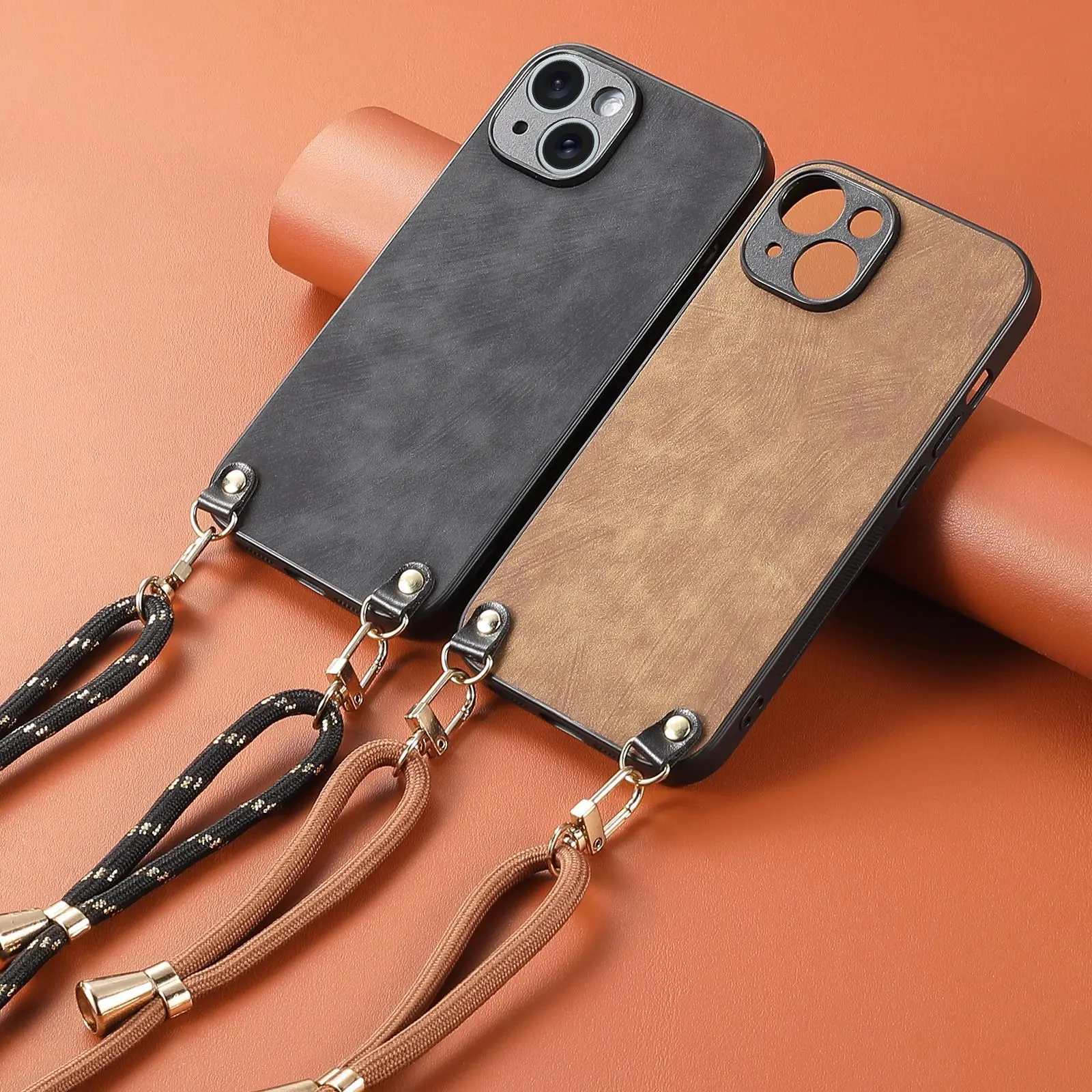 Shockproof Chain Crossbody Plain Leather Case With Wrist Strap And Lanyard For IPhone 17 AIR 16E 15 Pro Max_voghion.com