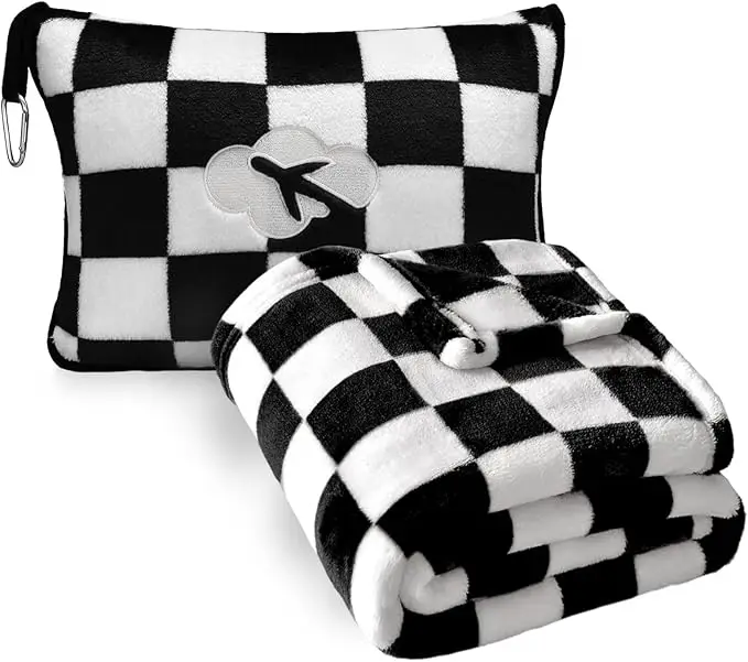 Travel Blanket and Pillow Compact, Premium Soft 2 in 1 Airplane Blanket with Soft Bag Hand Luggage Sleeve and Backpack Clip