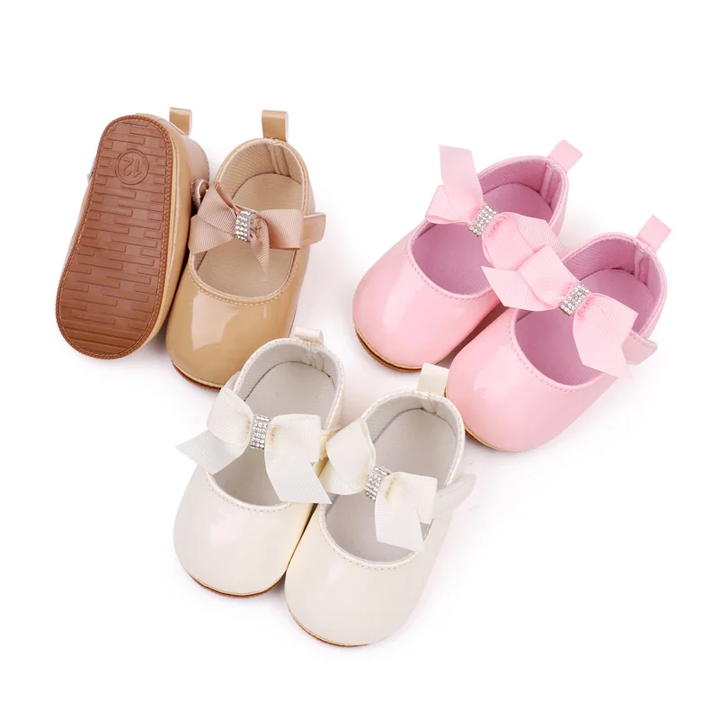 Pure Color PU Leather Baby Dress Shoes Soft TPR Toddler Shoes Girls Breathable Lightweight Anti-Slip Flat Style Fabric Insole