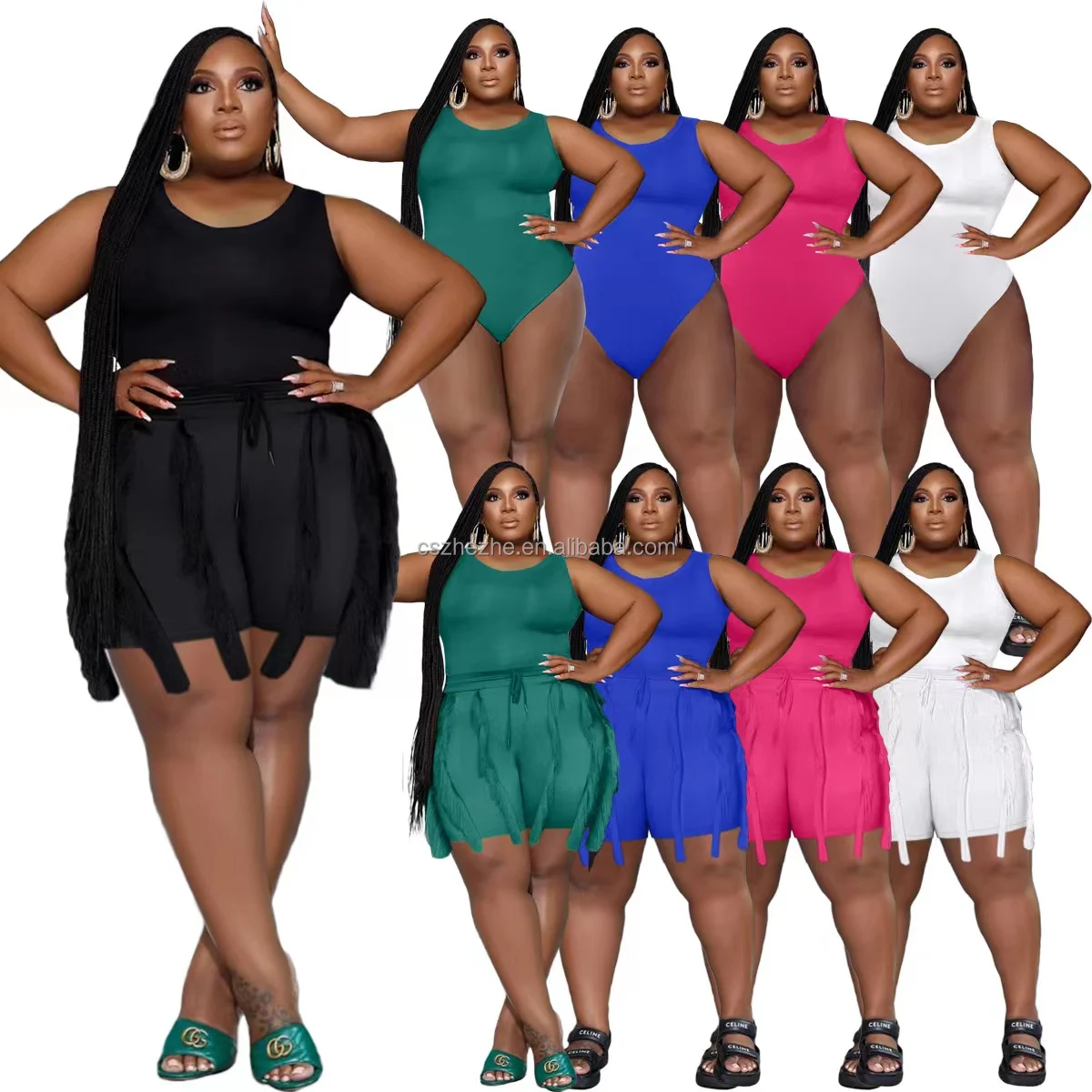 Solid Tank Pants Tassel Two Piece Sets Women Fashion Sleeveless Bodysuits Top Drawstring High Waist Fringed Wide Leg Trousers