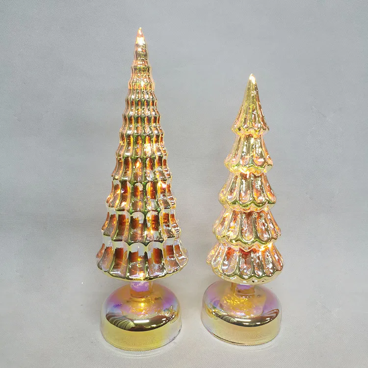 Vintage modern tabletop pre lit led lighted up mini green hand blown glass christmas tree decorative figurine set with lights details