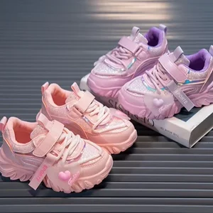 2026 New Korean Style Casual Sports Shoes for Girls Breathable Velcro Closure Soft Sole Kids Sneakers