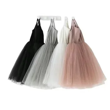 New girl's suspender dress small and medium-sized children's ribbed patchwork mesh skirt princess skirt fluffy skirt