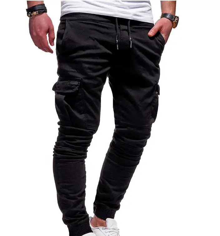 Men's new casual pants Youth fashion trend pure color rope men's sports large size cargo pants