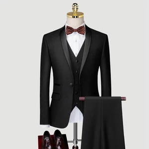 2026 New Men's Black Wedding Banquet 3 Pieces Slim Business Single Breasted Center Vent High Quality Suit Set for Men