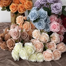 High 9-Head Bundle Rose Simulation Artificial Wedding Road Flower Row Table Decoration Autumn Wedding Arrangement Christmas Wall