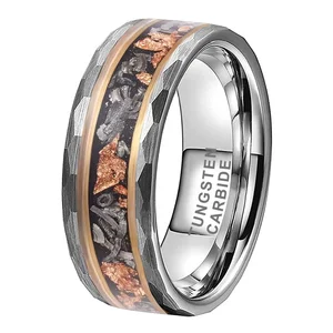 Coolstyle Jewelry 8mm Engagement Wedding Band for Men Women Meteorite and Rose Gold Foil Inlay Hammered Tungsten Carbide Ring