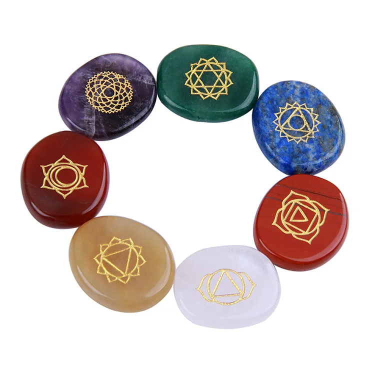 Palmas pulidas JD Gems Piedras de Chakra de Cristal curativo Reiki con símbolos de Chakra Grabados Equilibrio holístico Juego de 7 