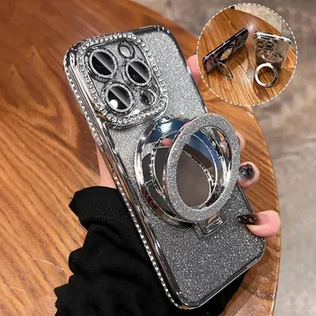 Hot Luxury Plating Glitter Diamond Mirror With Holder Bracket Cover Magnetic Phone Case For iPhone 15 14 Plus 13 12 Pro Max 11