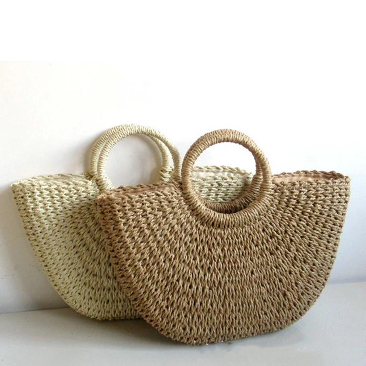 Wholesale Retro Hobo Large Woven Round Handle Straw Tote Bag Summer