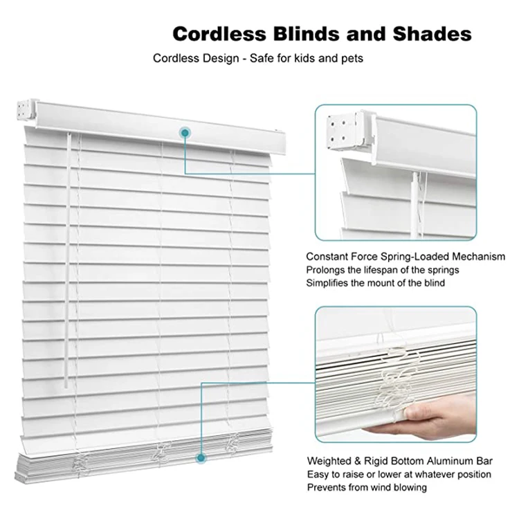 Non-Leaded PVC Slats Vinyl Horizontal Window Blinds White Cordless Faux-Wood Venetian Blind With Tilt Wand