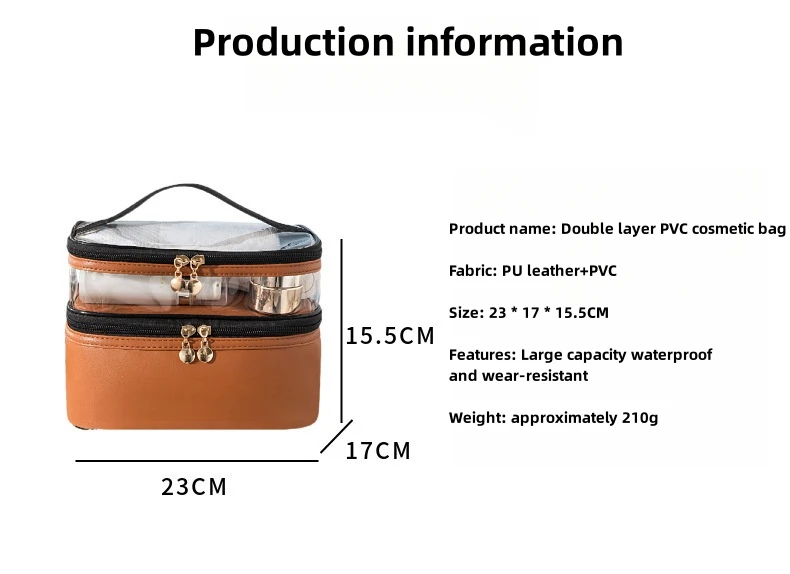 Double Layer Zipper Makeup Bag Transparent Pu Washable Bag Portable ...